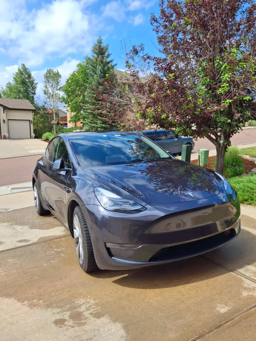 Dark gray Tesla Model Y with a freshly detailed exterior