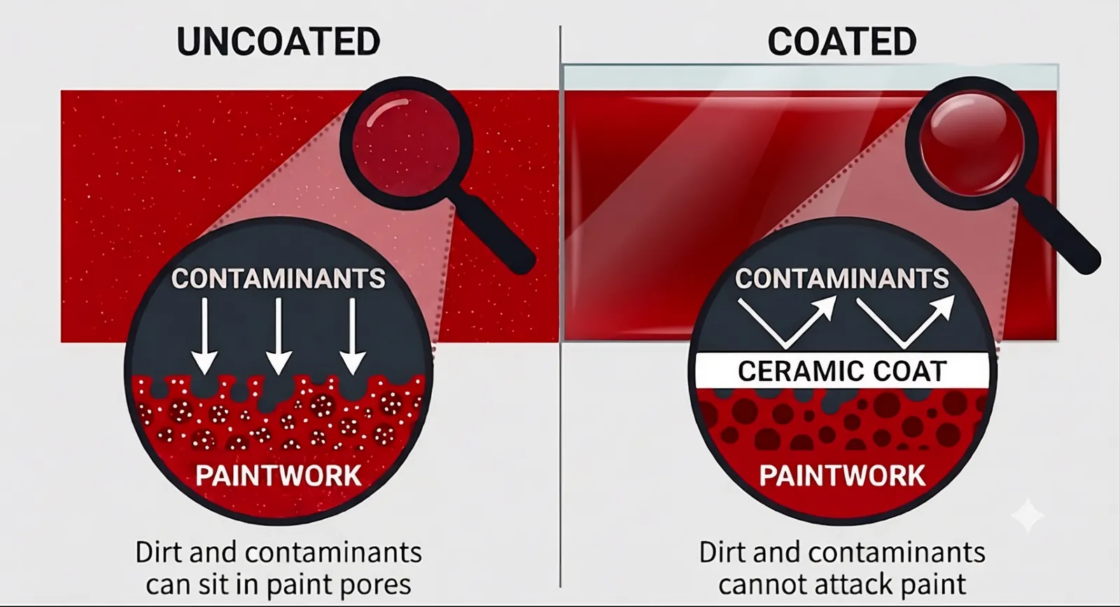 Diagram comparing uncoated paint (dirt in pores) vs ceramic-coated paint (pollutants repelled)