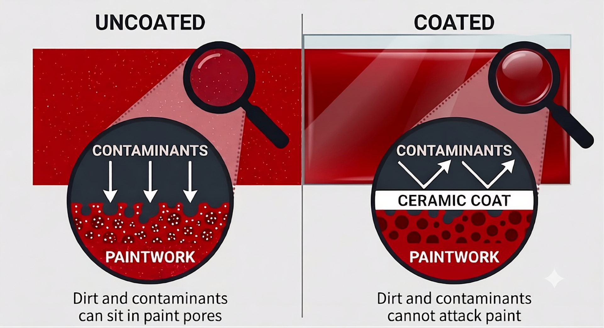 Diagram comparing uncoated paint (dirt in pores) vs ceramic-coated paint (pollutants repelled)