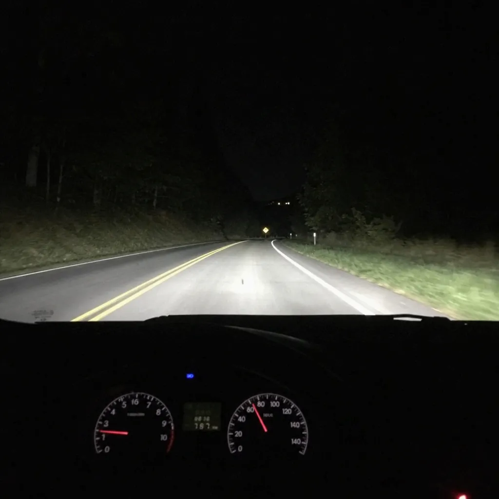 Night driving view from inside a car with headlights illuminating the road