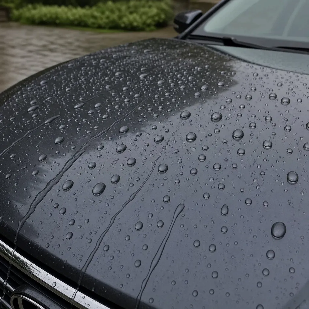Water beading on a coated car hood after rain
