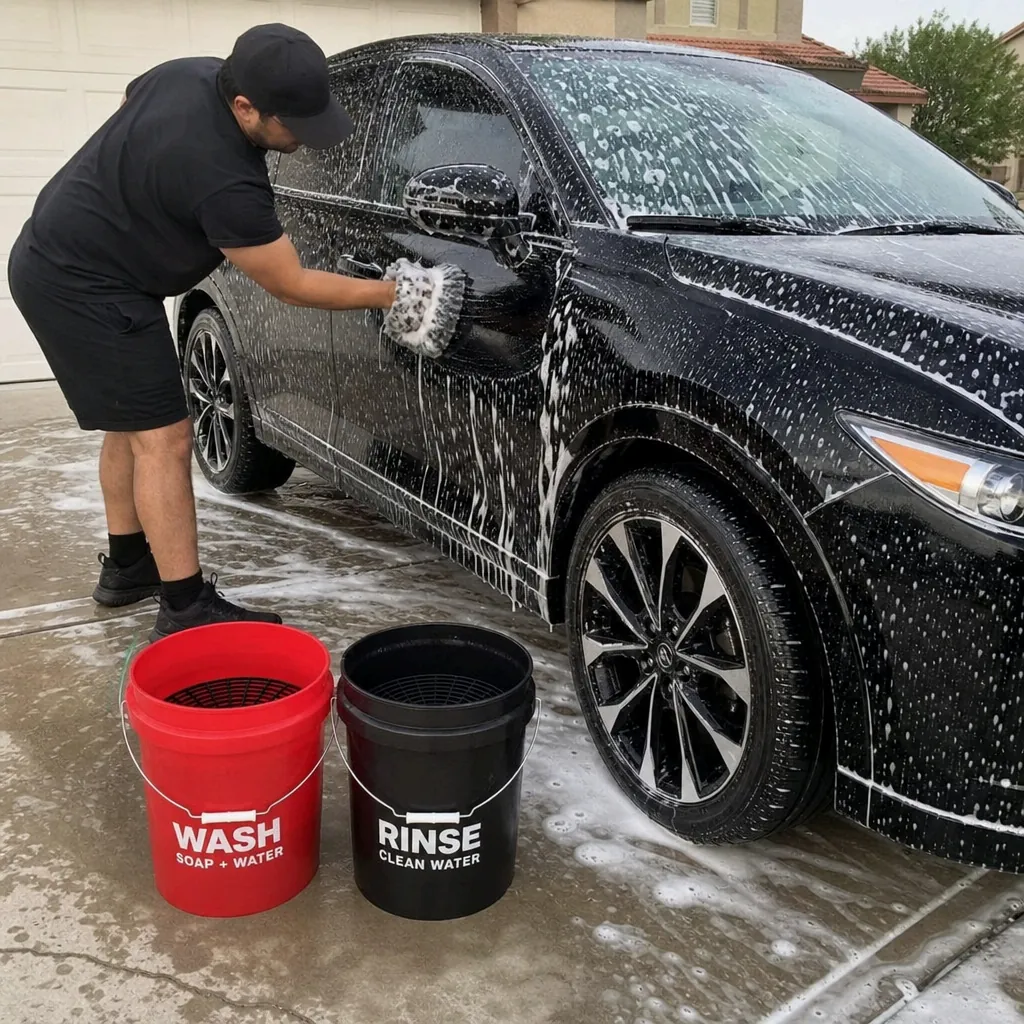 Two-bucket hand wash method with wash and rinse buckets