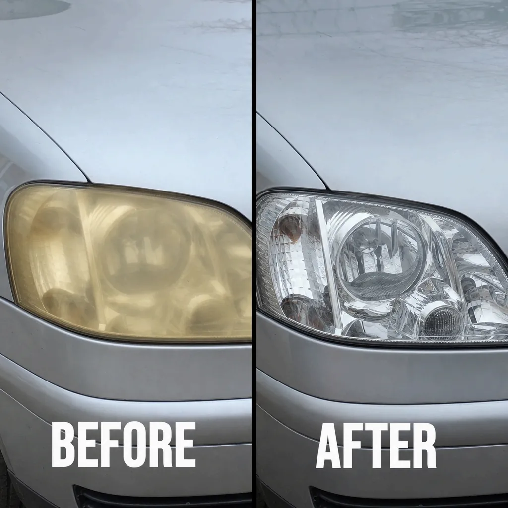 Before and after comparison of a yellowed and restored headlight