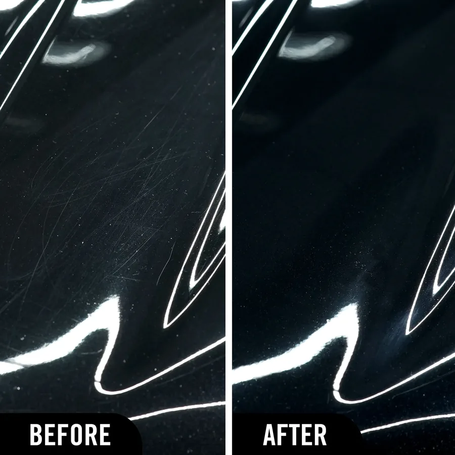 Before and after paint correction on black paint: swirl marks and haze polished away to a mirror finish